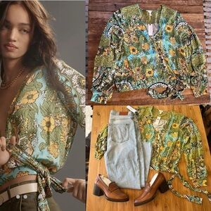 Anthropologie Floral Wrap Blouse with adorable side tie, nwt, size xl